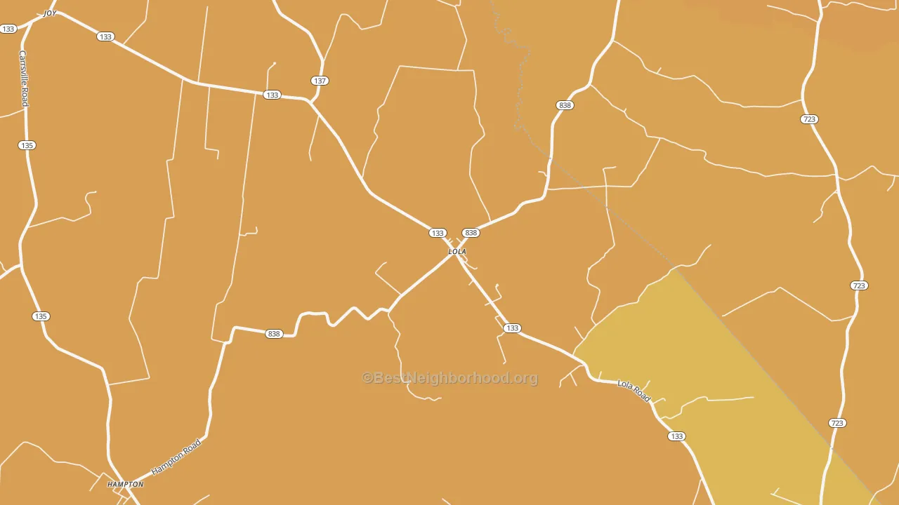 Map of the best neighborhoods in the Lola area, with better matches in green and worse matches in red
