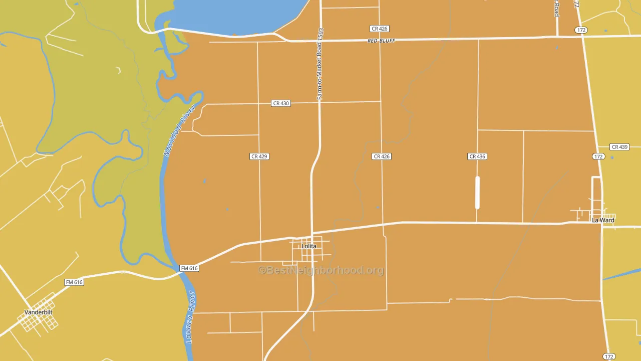Map of the best neighborhoods in the Lolita area, with better matches in green and worse matches in red