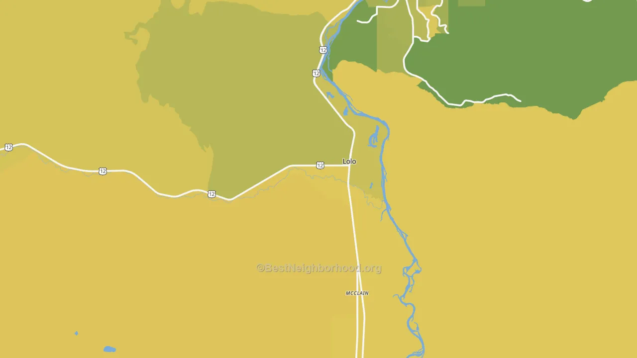 Map of the best neighborhoods in the Lolo area, with better matches in green and worse matches in red
