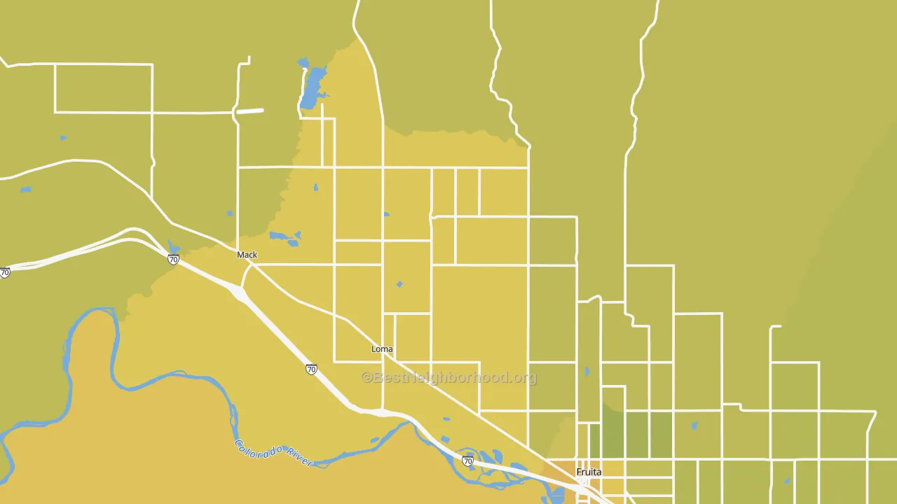 Map of the best neighborhoods in the Loma area, with better matches in green and worse matches in red