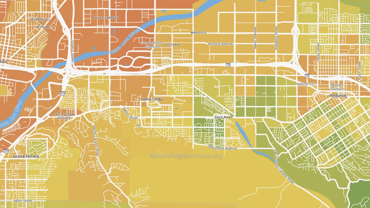 Map of the best neighborhoods in the Loma Linda area, with better matches in green and worse matches in red