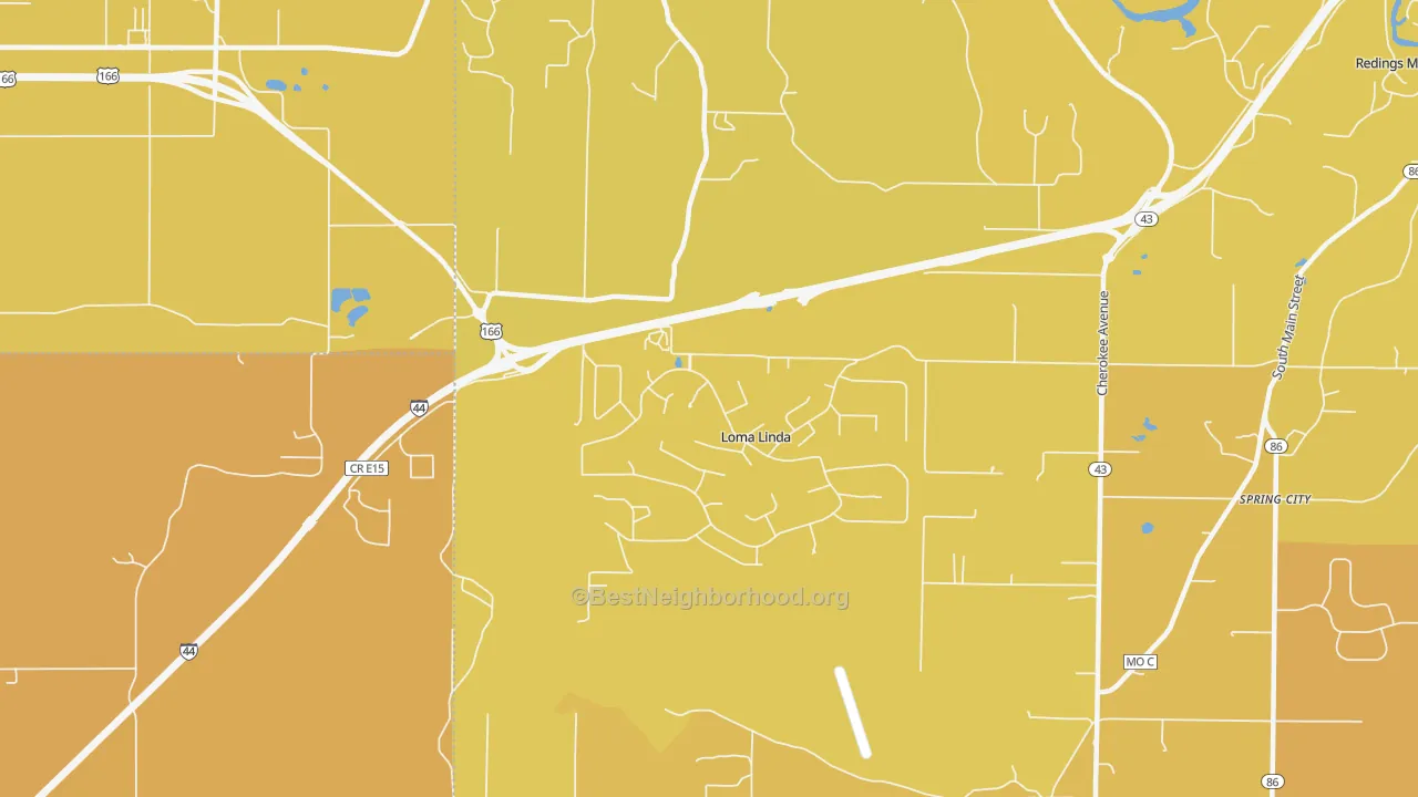 Map of the best neighborhoods in the Loma Linda area, with better matches in green and worse matches in red