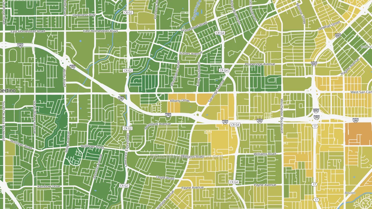 Map of the best neighborhoods in the Loma Linda, San Jose area, with better matches in green and worse matches in red