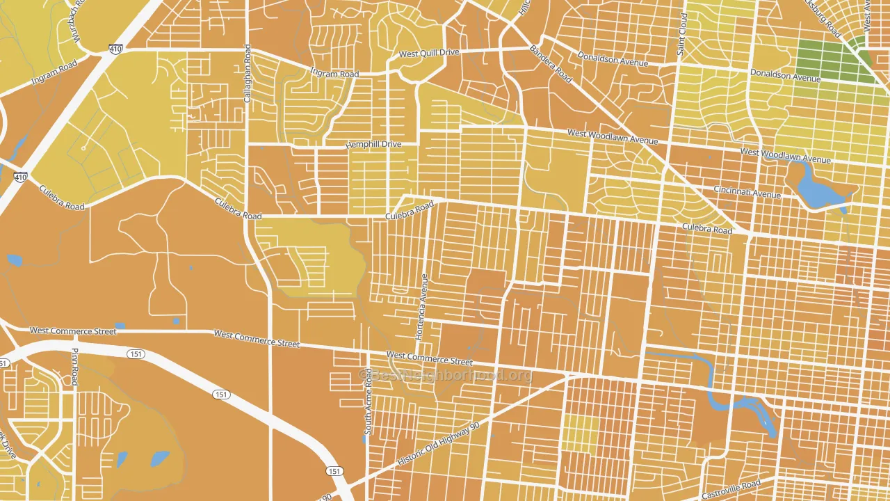 Map of the best neighborhoods in the Loma Park, San Antonio area, with better matches in green and worse matches in red
