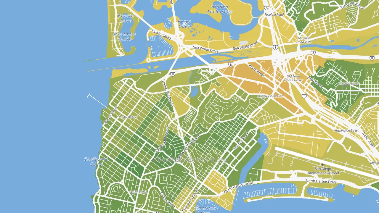 Map of the best neighborhoods in the Loma Portal, San Diego area, with better matches in green and worse matches in red