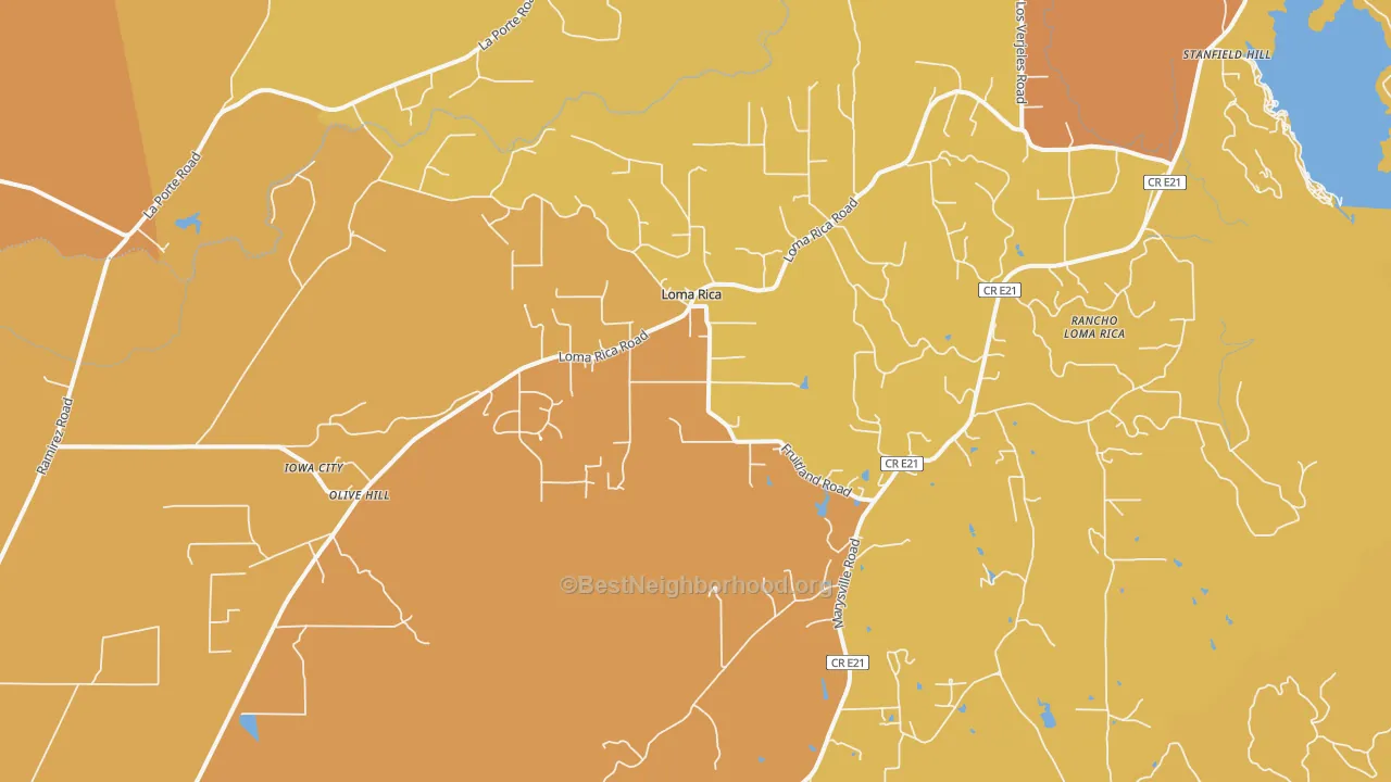 Map of the best neighborhoods in the Loma Rica area, with better matches in green and worse matches in red