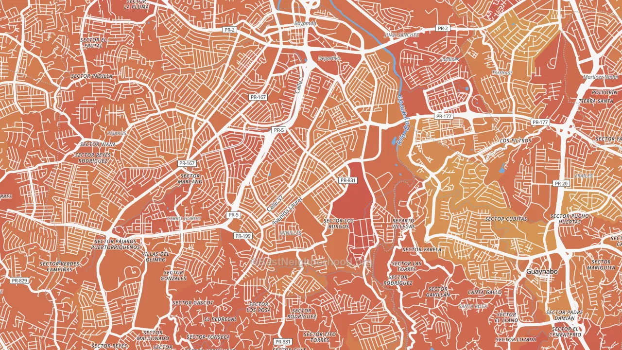 Map of the best neighborhoods in the Lomas Verdes, Bayamon area, with better matches in green and worse matches in red