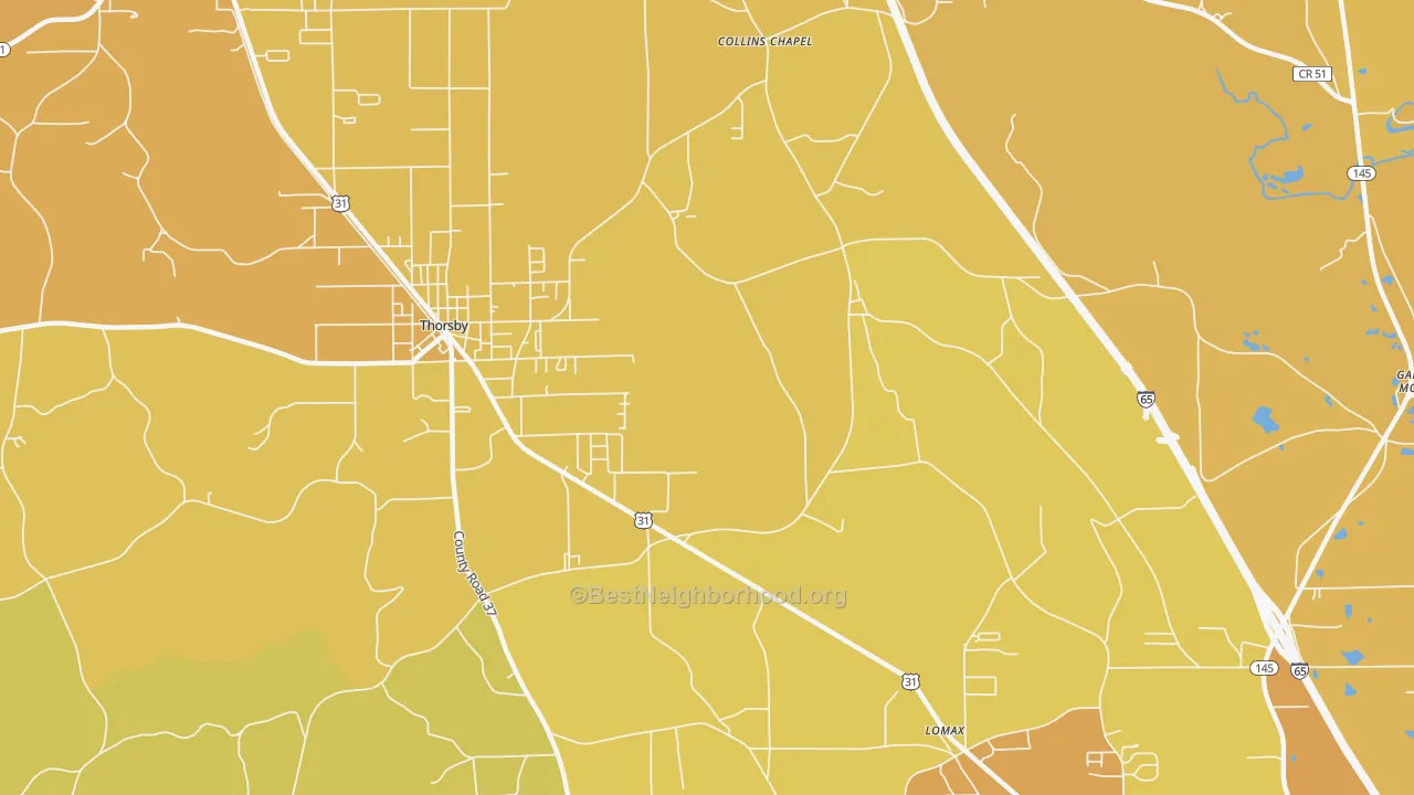 Map of the best neighborhoods in the Lomax area, with better matches in green and worse matches in red