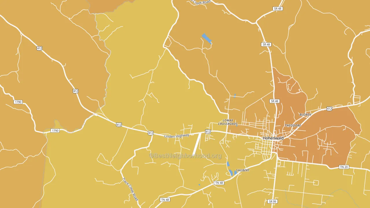 Map of the best neighborhoods in the Lomax Crossroads area, with better matches in green and worse matches in red