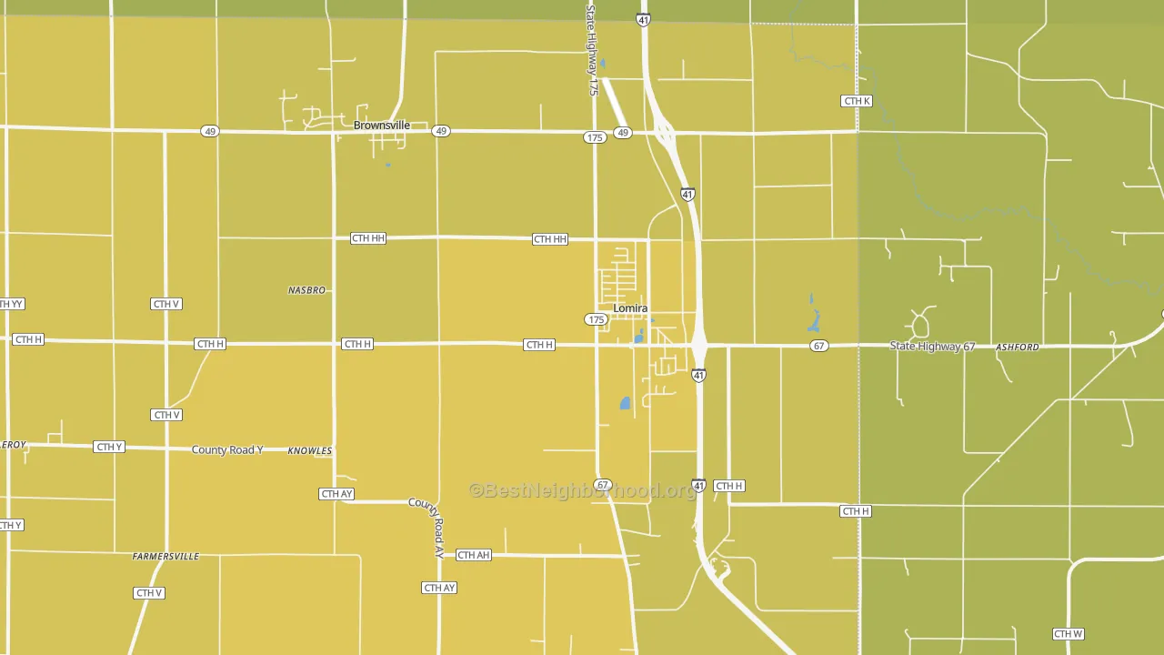 Map of the best neighborhoods in the Lomira area, with better matches in green and worse matches in red
