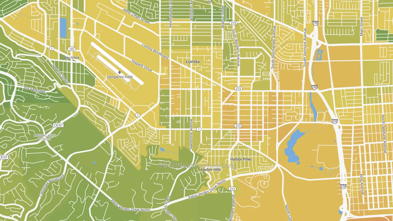 Map of the best neighborhoods in the Lomita area, with better matches in green and worse matches in red