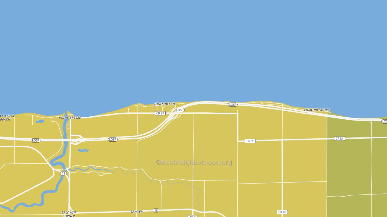 Map of the best neighborhoods in the Lomond Shore area, with better matches in green and worse matches in red