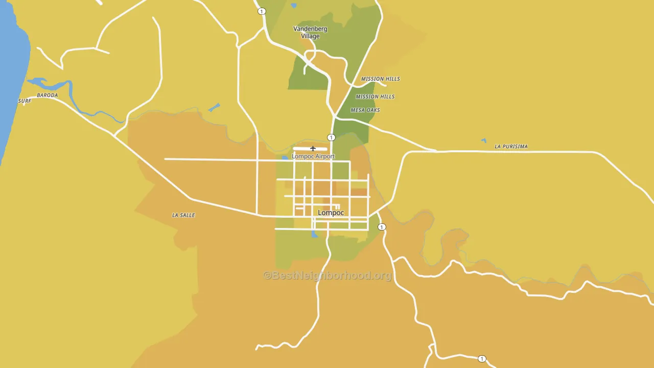 Map of the best neighborhoods in the Lompoc area, with better matches in green and worse matches in red