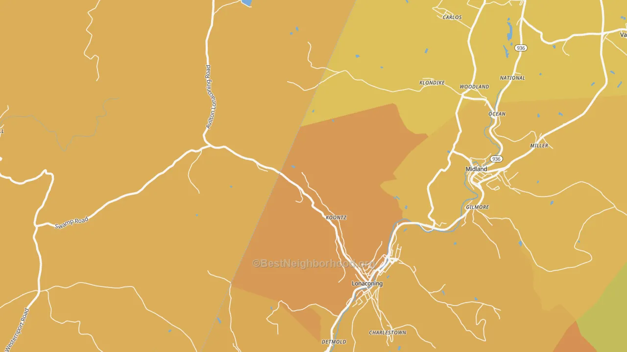 Map of the best neighborhoods in the Lonaconing area, with better matches in green and worse matches in red