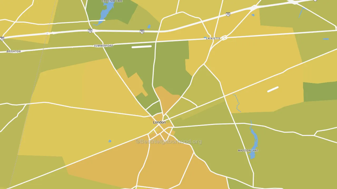 Map of the best neighborhoods in the London area, with better matches in green and worse matches in red