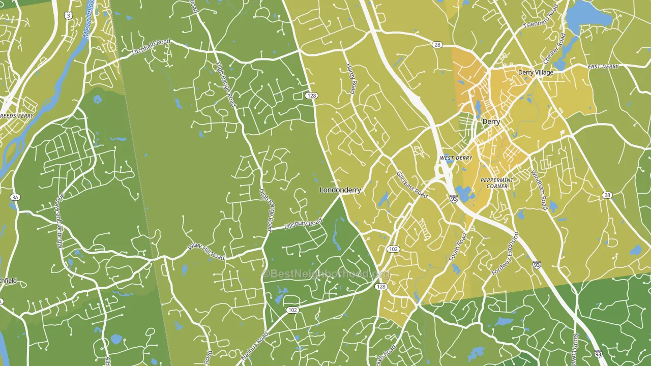 Map of the best neighborhoods in the Londonderry area, with better matches in green and worse matches in red