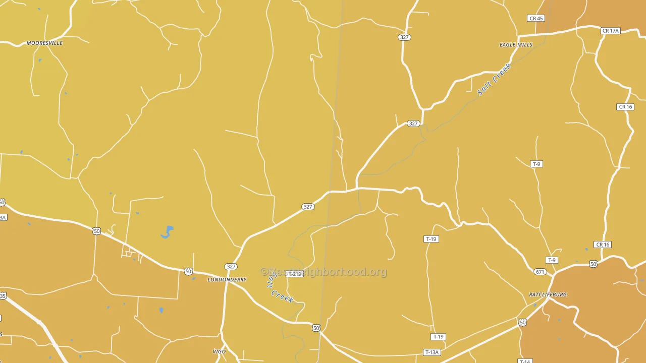 Map of the best neighborhoods in the Londonderry area, with better matches in green and worse matches in red