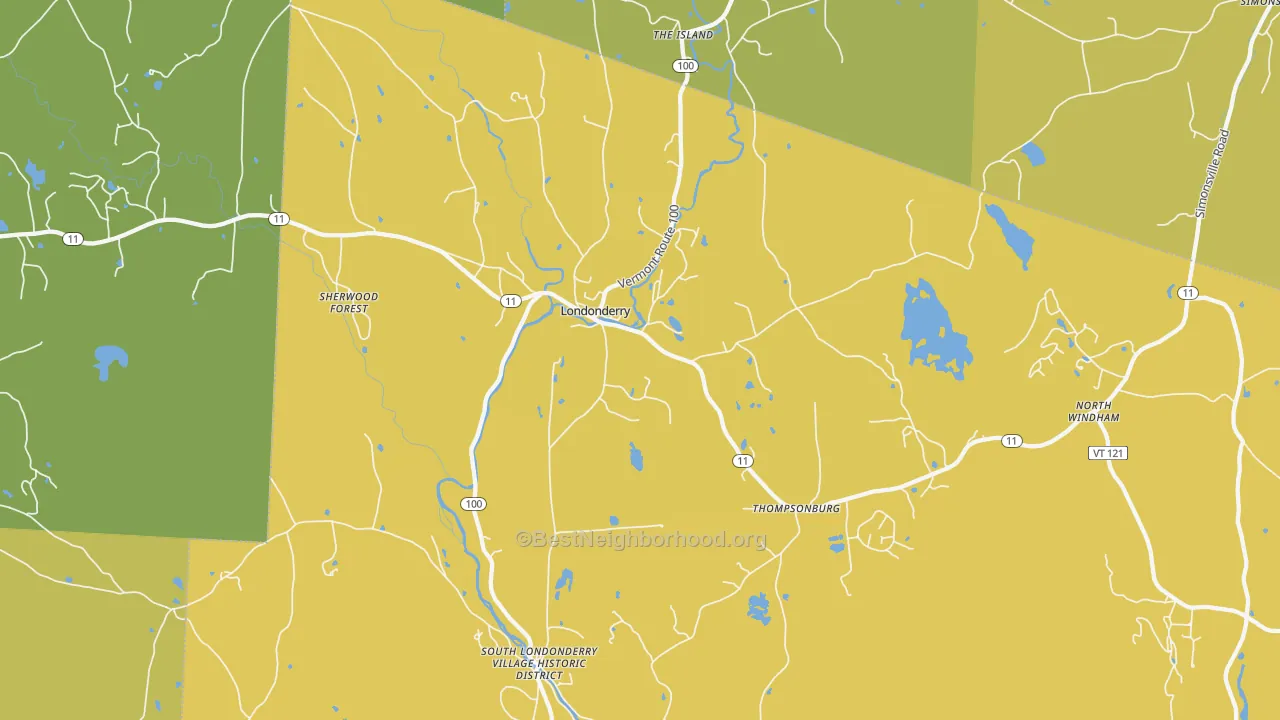 Map of the best neighborhoods in the Londonderry area, with better matches in green and worse matches in red