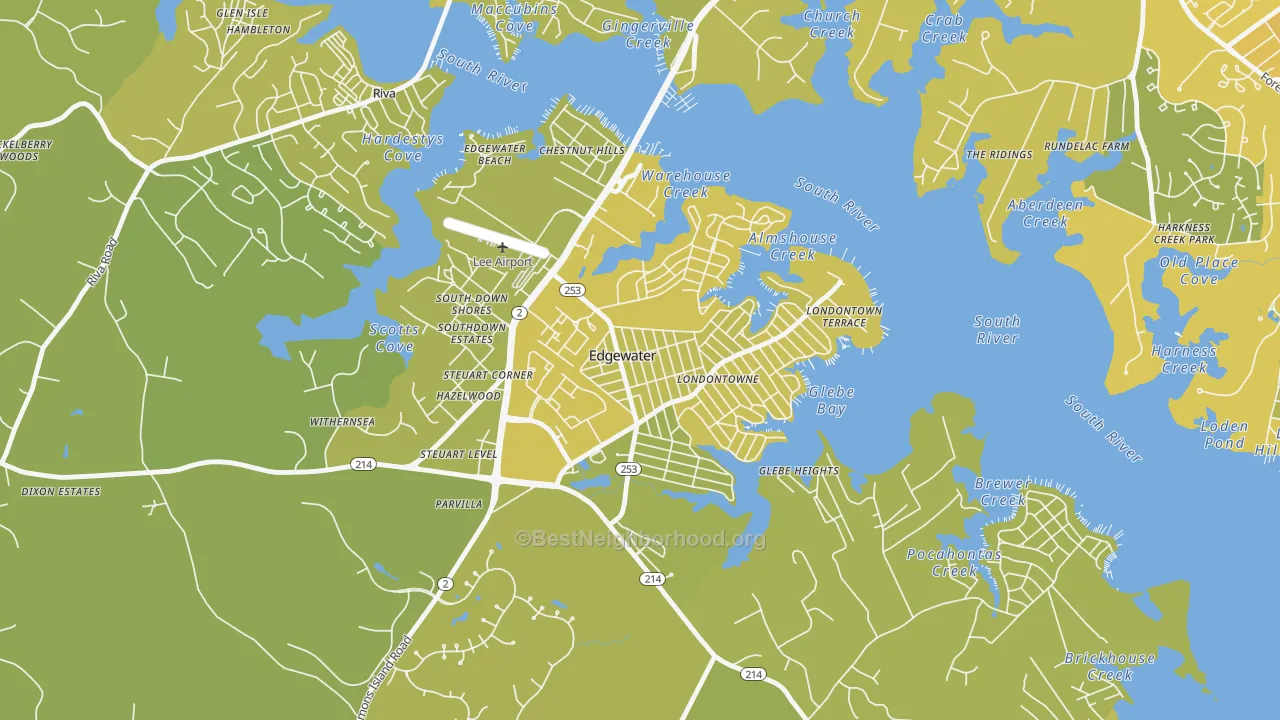Map of the best neighborhoods in the Londontowne, Edgewater area, with better matches in green and worse matches in red