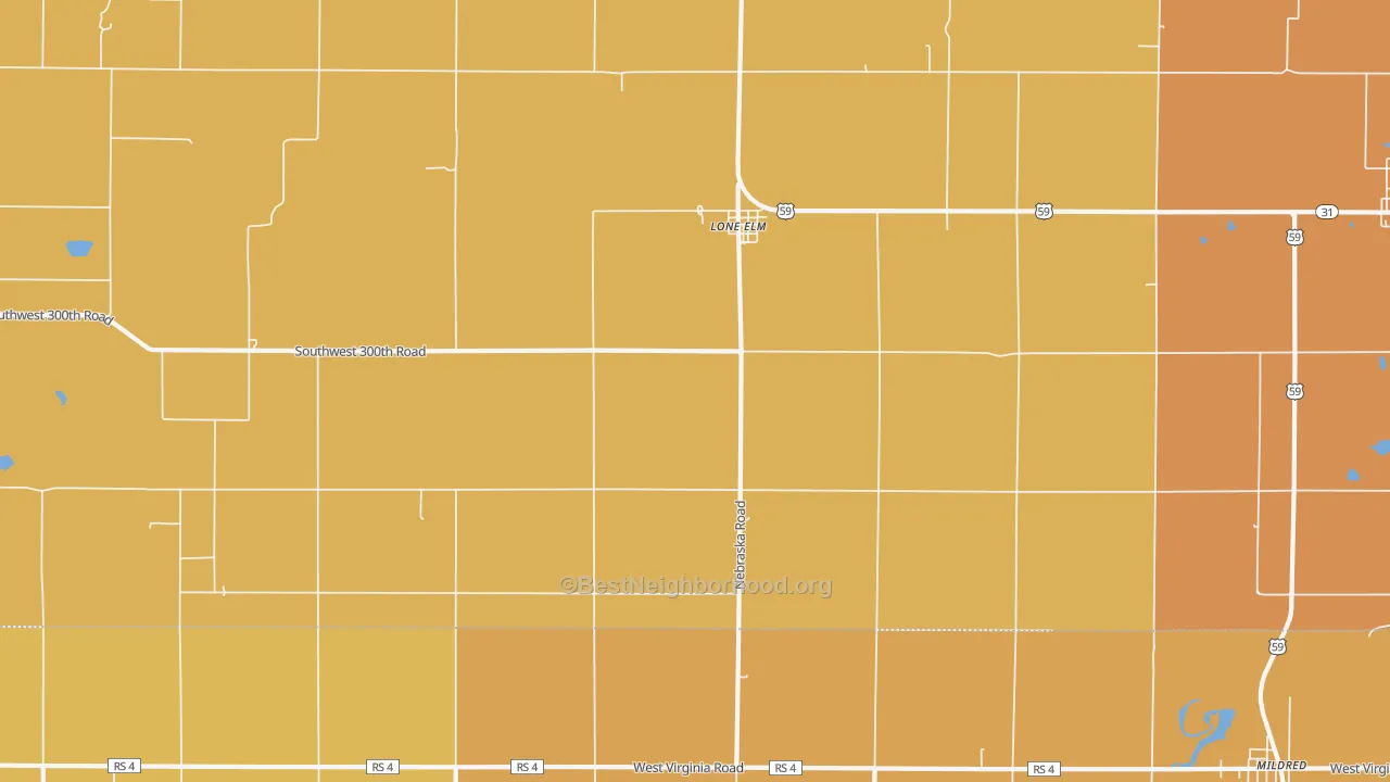 Map of the best neighborhoods in the Lone Elm area, with better matches in green and worse matches in red