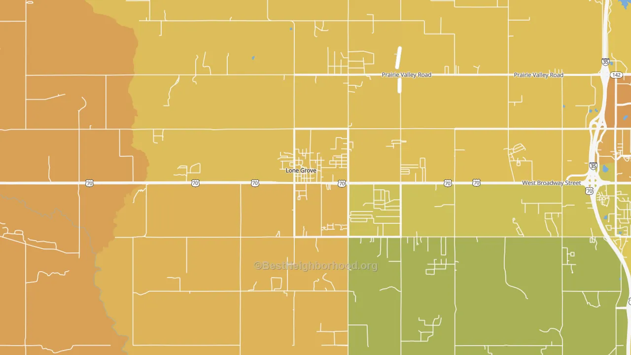 Map of the best neighborhoods in the Lone Grove area, with better matches in green and worse matches in red