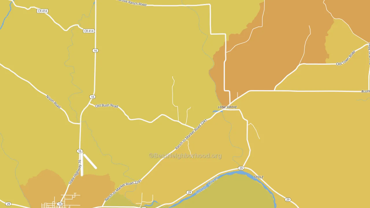 Map of the best neighborhoods in the Lone Grove area, with better matches in green and worse matches in red