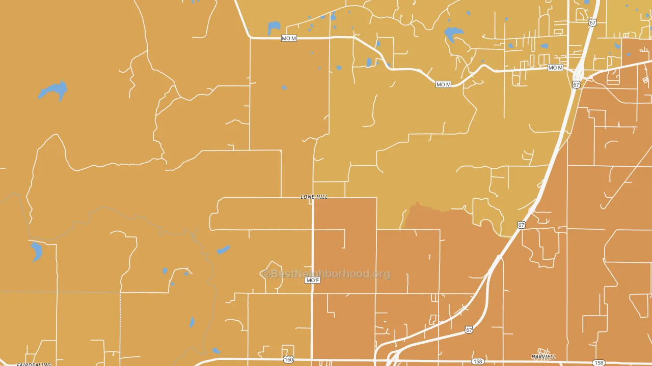 Map of the best neighborhoods in the Lone Hill area, with better matches in green and worse matches in red