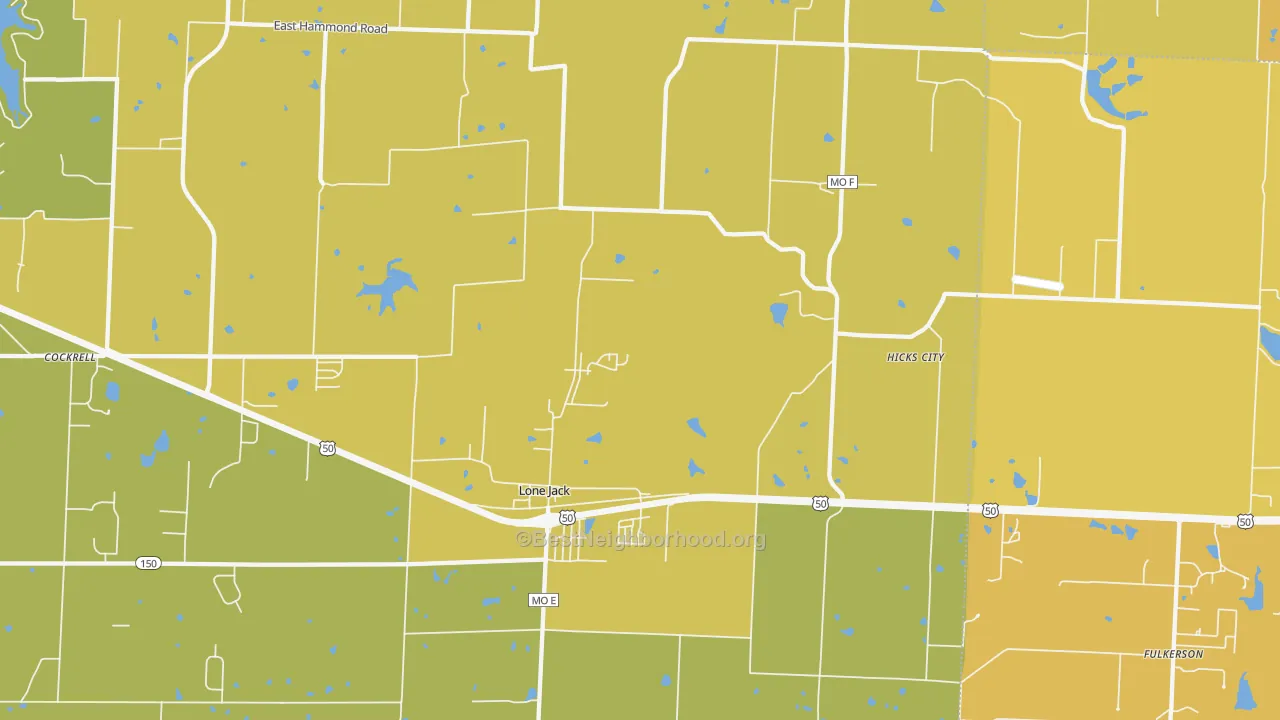 Map of the best neighborhoods in the Lone Jack area, with better matches in green and worse matches in red