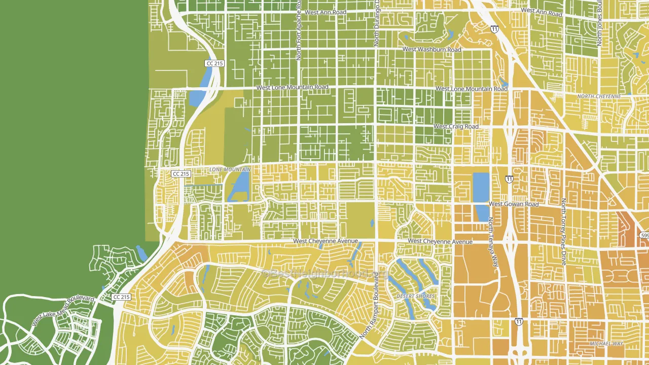 Map of the best neighborhoods in the Lone Mountain, Las Vegas area, with better matches in green and worse matches in red