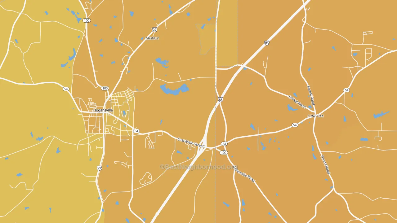 Map of the best neighborhoods in the Lone Oak area, with better matches in green and worse matches in red