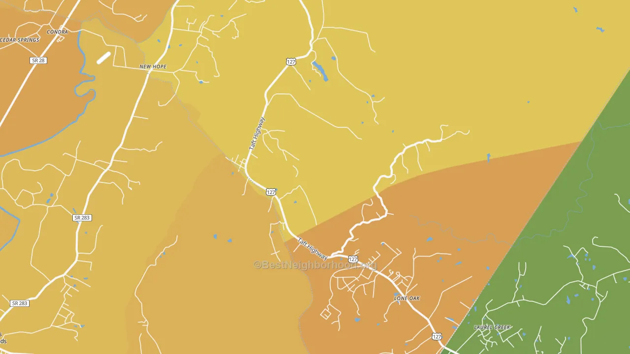 Map of the best neighborhoods in the Lone Oak area, with better matches in green and worse matches in red