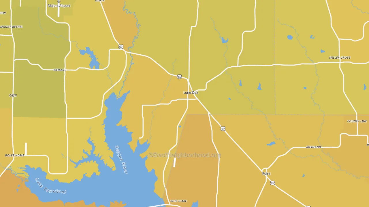 Map of the best neighborhoods in the Lone Oak area, with better matches in green and worse matches in red