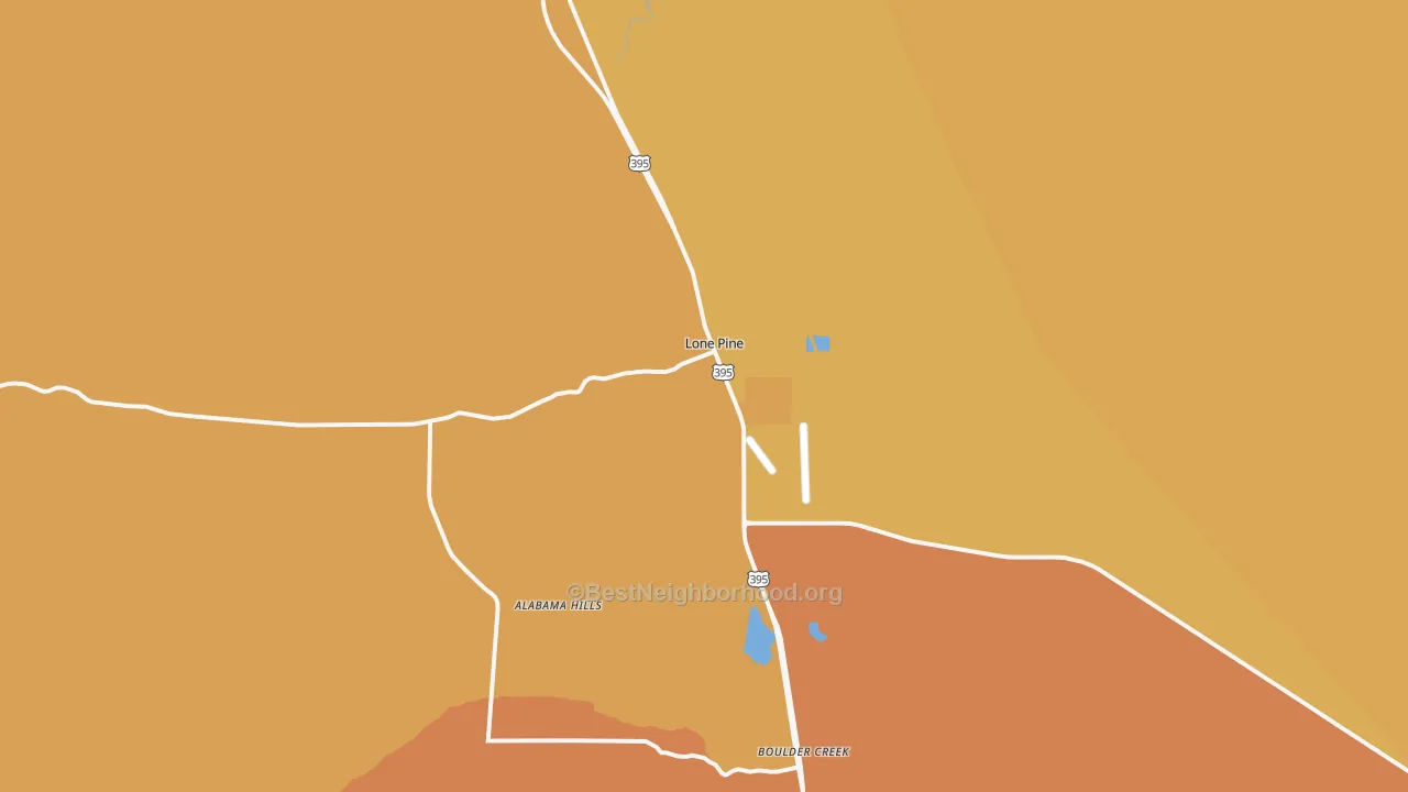 Map of the best neighborhoods in the Lone Pine area, with better matches in green and worse matches in red
