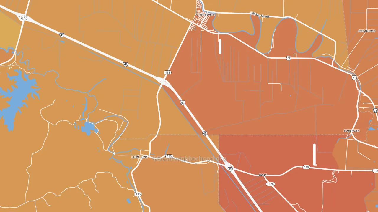 Map of the best neighborhoods in the Lone Pine area, with better matches in green and worse matches in red