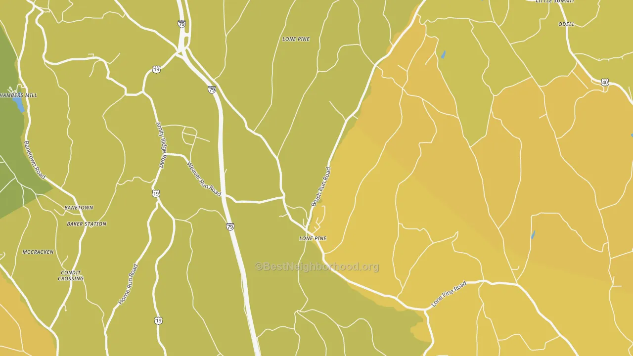 Map of the best neighborhoods in the Lone Pine area, with better matches in green and worse matches in red