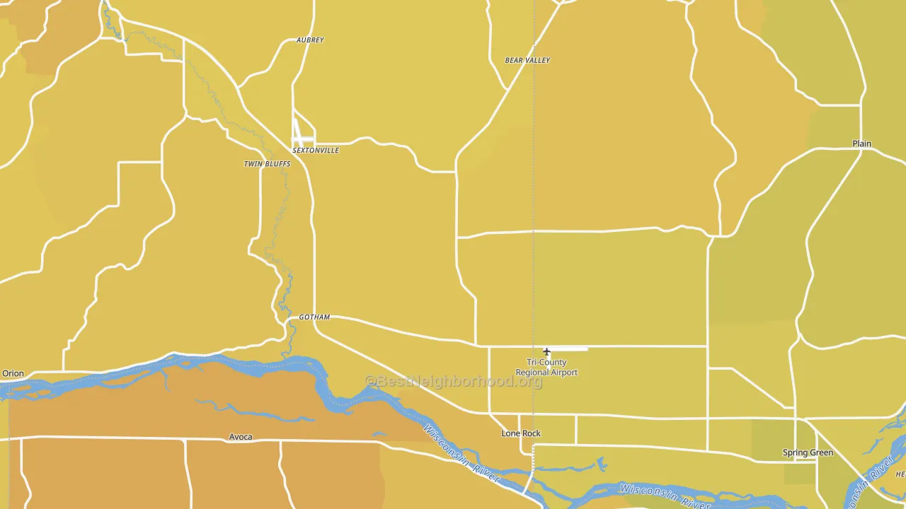 Map of the best neighborhoods in the Lone Rock area, with better matches in green and worse matches in red