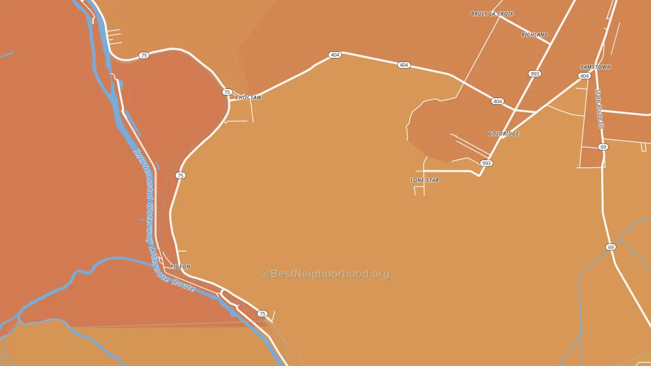 Map of the best neighborhoods in the Lone Star area, with better matches in green and worse matches in red
