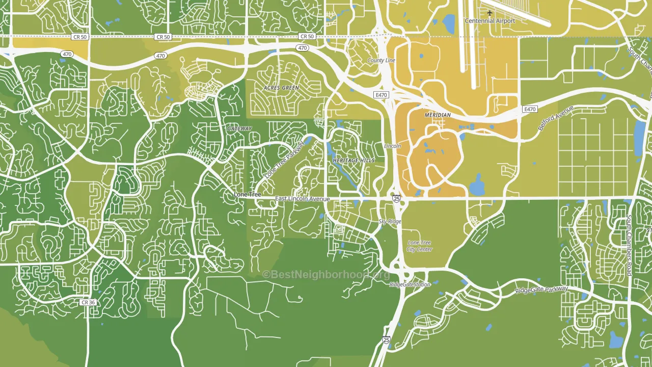 Map of the best neighborhoods in the Lone Tree area, with better matches in green and worse matches in red