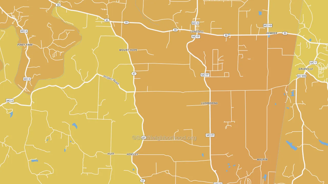 Map of the best neighborhoods in the Lonedell area, with better matches in green and worse matches in red