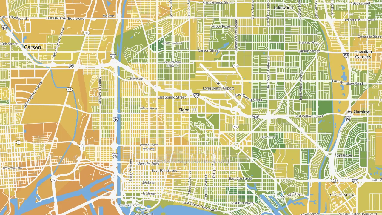 Map of the best neighborhoods in the Long Beach area, with better matches in green and worse matches in red