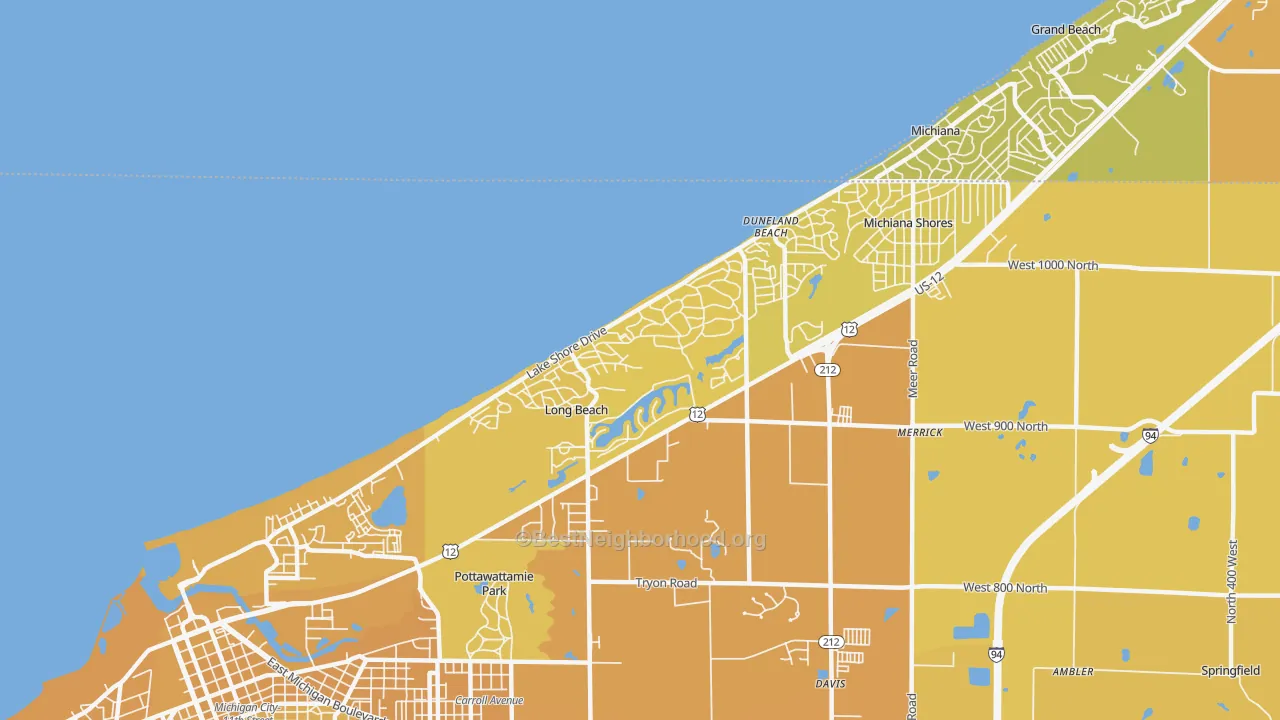 Map of the best neighborhoods in the Long Beach area, with better matches in green and worse matches in red