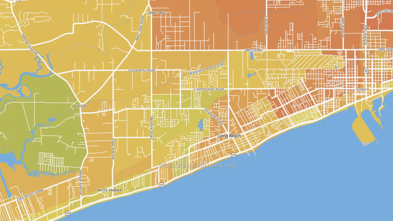 Map of the best neighborhoods in the Long Beach area, with better matches in green and worse matches in red