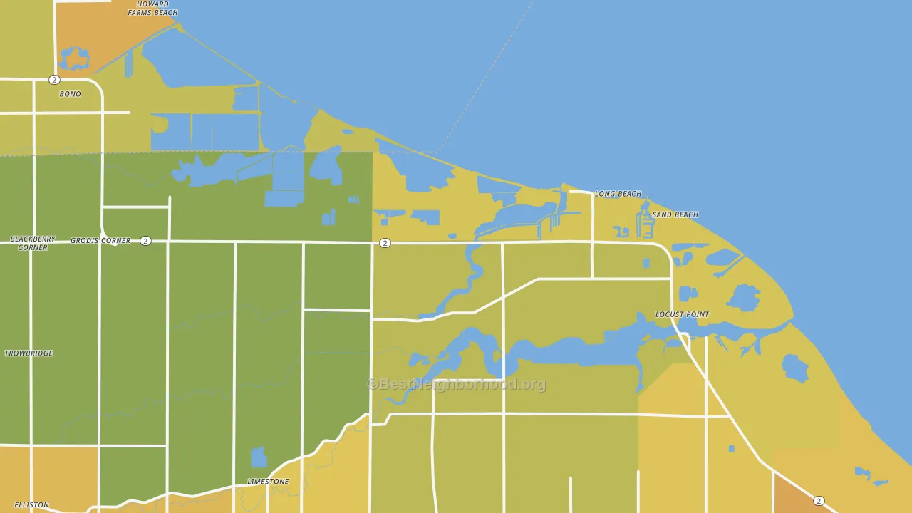 Map of the best neighborhoods in the Long Beach area, with better matches in green and worse matches in red