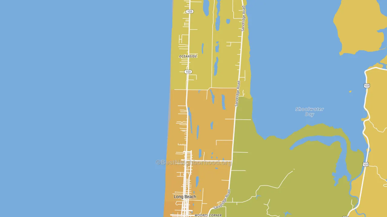 Map of the best neighborhoods in the Long Beach area, with better matches in green and worse matches in red