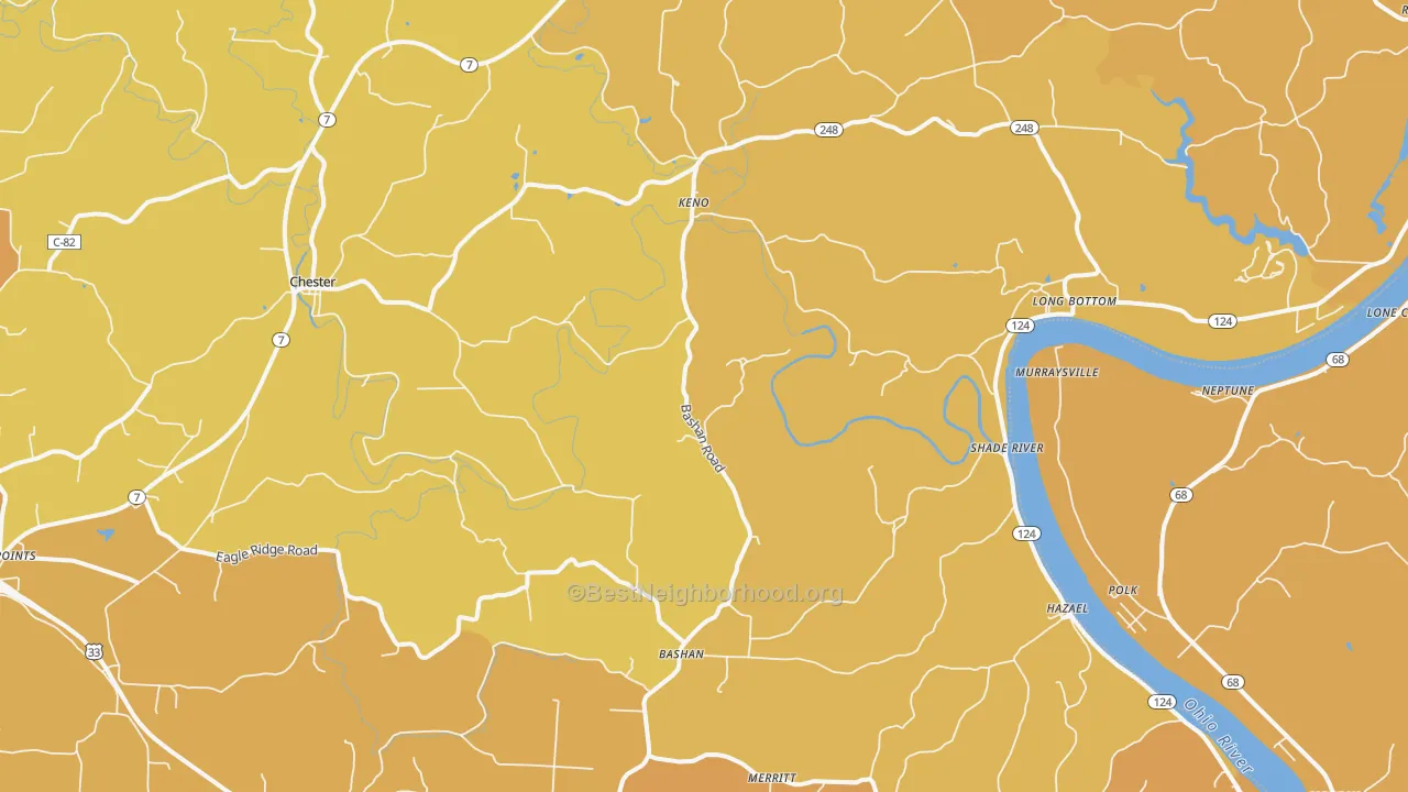 Map of the best neighborhoods in the Long Bottom area, with better matches in green and worse matches in red