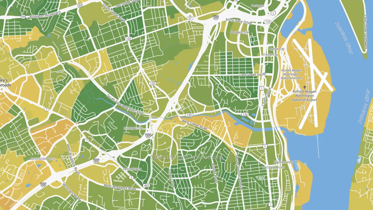 Map of the best neighborhoods in the Long Branch Creek, Arlington area, with better matches in green and worse matches in red