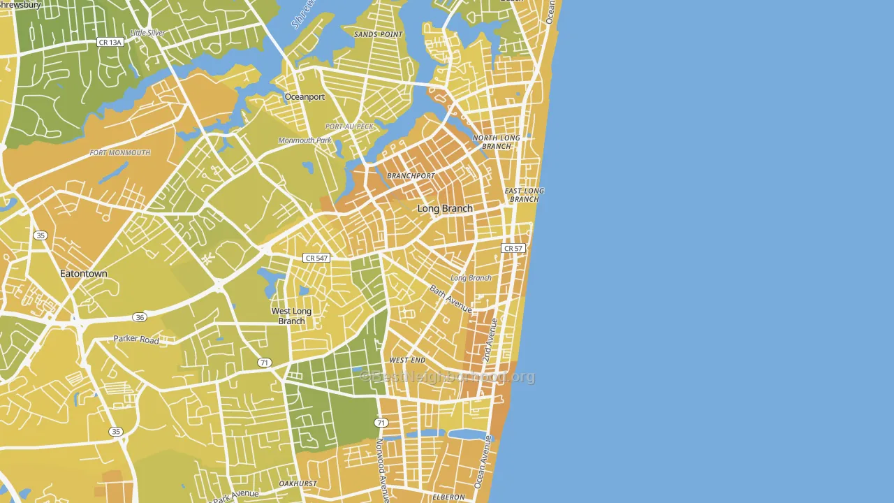 Map of the best neighborhoods in the Long Branch area, with better matches in green and worse matches in red