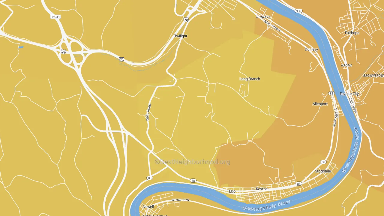 Map of the best neighborhoods in the Long Branch area, with better matches in green and worse matches in red