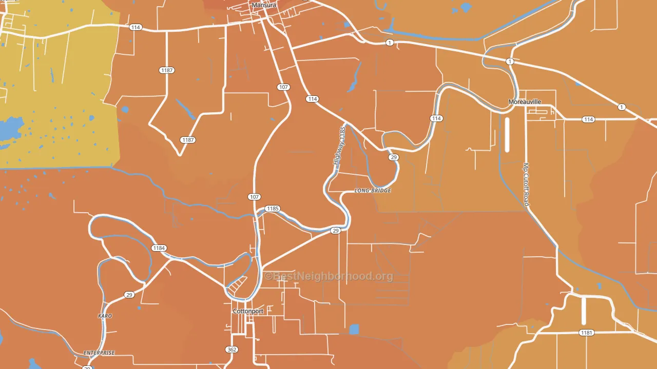Map of the best neighborhoods in the Long Bridge area, with better matches in green and worse matches in red