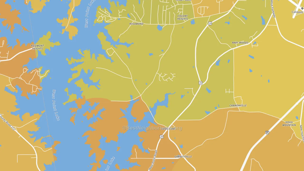 Map of the best neighborhoods in the Long Cane area, with better matches in green and worse matches in red